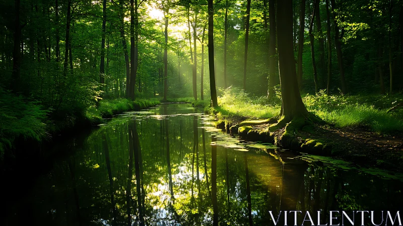 Serene forest stream with sunlight rays and lush greenery, natural style.