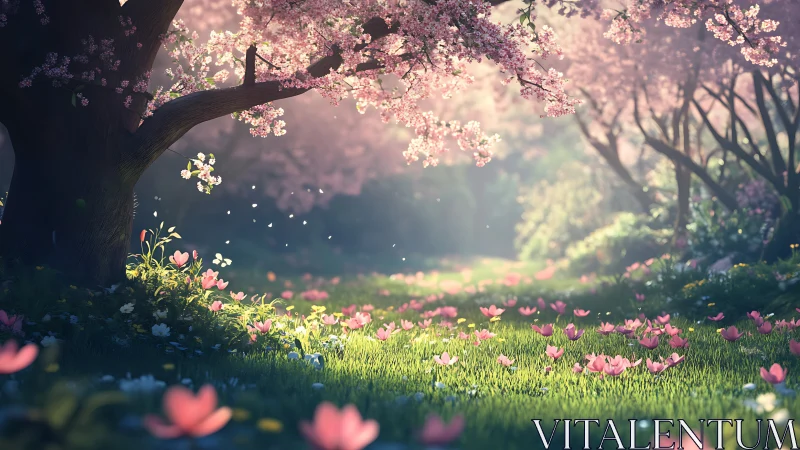 Sunlit cherry blossom grove with soft falling petals.