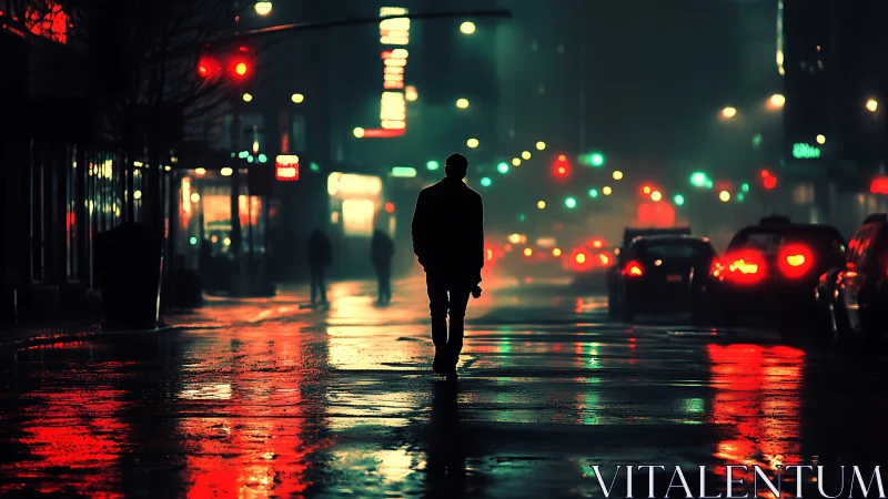 Midnight city stroll under neon reflections and soft rain.
