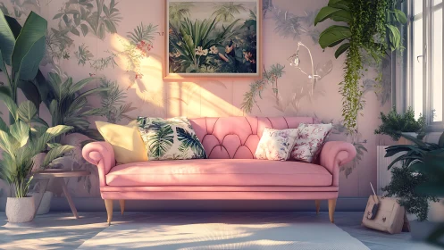 Pink sofa in bright botanical living room interior design.
