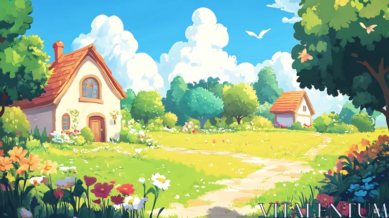 Sunny cottage garden landscape in stylized digital painting.