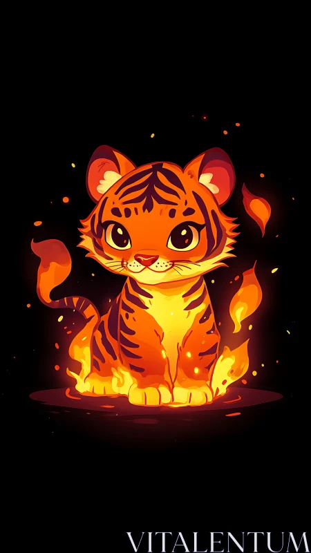 Fiery chibi tiger cub rendered in luminous vector flames.