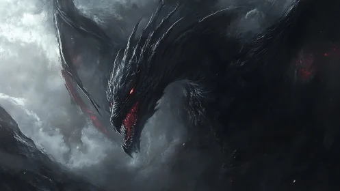 Obsidian dragon with crimson eyes emerging from storm clouds.