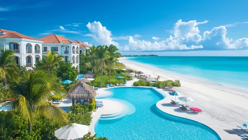 Tropical beachfront resort pool complex under clear midday sky