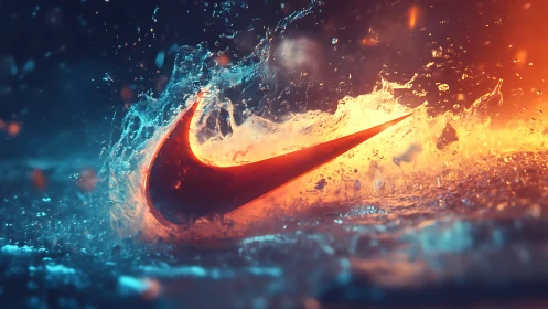 3D swoosh emblem in dynamic water and fire collision field.