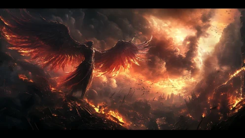 Fiery fallen angel spreads burning wings over ruined city