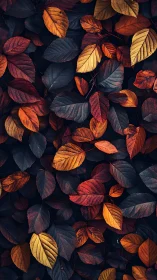 Overlapping autumn leaves in dark red, orange, and yellow tones.
