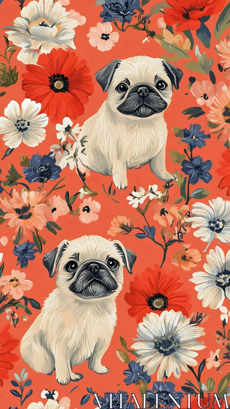 Digitally painted pug puppies repeat over high-contrast floral ground