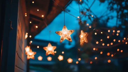 Glowing star string lights softly warm a blue evening sky