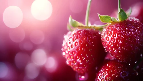 Macro view of wet strawberries against blurred pink bokeh.