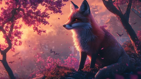 Volumetric backlit fox under magenta blossoms in sunset glade