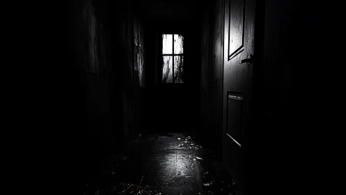 Narrow dark corridor leads to a single bleak window glow