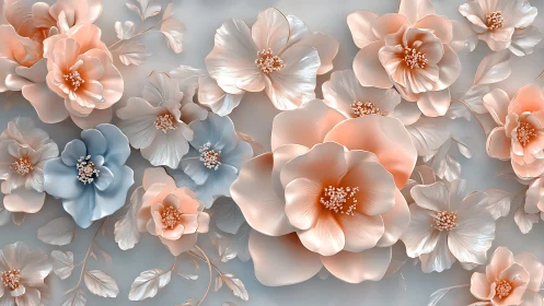 Three-dimensional floral composition with stratified petals and metallic centers.