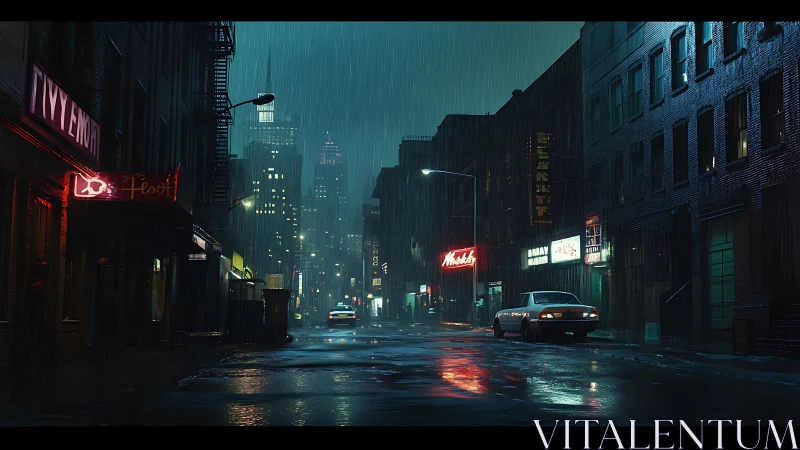 Rain-soaked neon backstreet humming with midnight whispers.