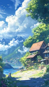 Sunlit lakeside cottage dreams beneath wandering mountain clouds.