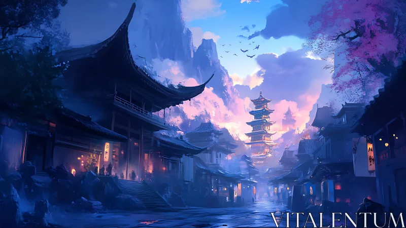 Twilight pagoda street wrapped in misty mountain light.