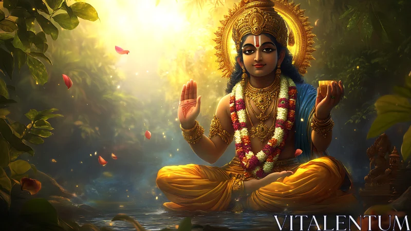 Golden forest deity pours shimmering calm into still water