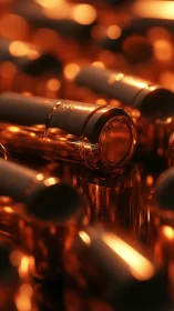Close-up view of stacked metallic bullet cartridges in rows.