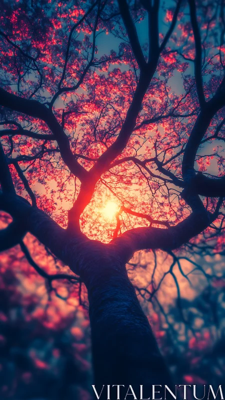 Sunlit tree canopy is viewed from a low, centered angle