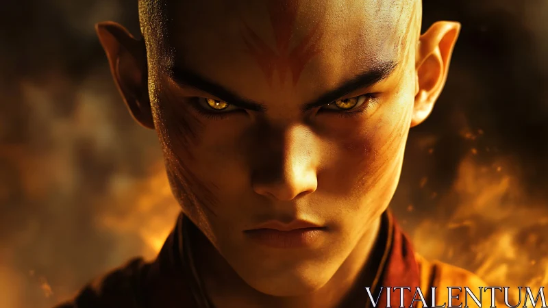 Intense shaved warrior portrait amid luminous fire glow.