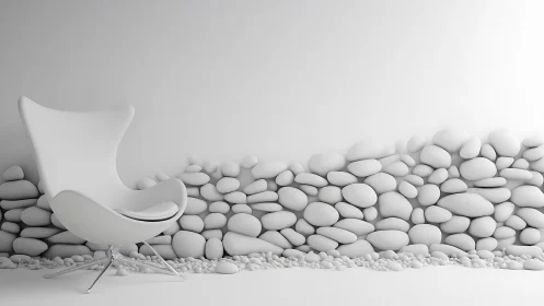 Minimalist White Chair Among Organic Pebbles and Sand Textures.