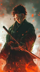 Blade-born ember warrior poised in storm and cinders.