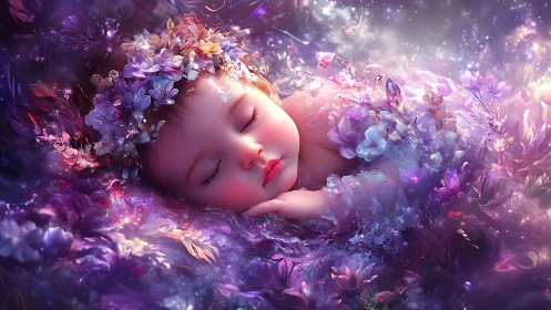 Sleeping baby within glowing floral dreamscape shines softly