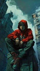 Red hooded teen on rooftop ledge in worn urban alley.