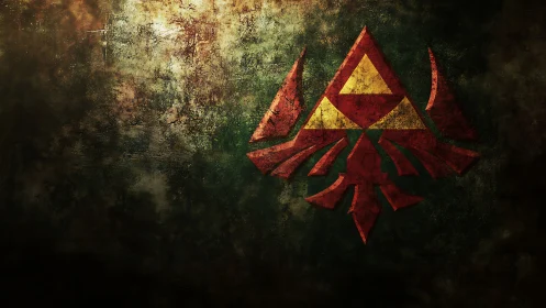 Weathered red crest with golden triangle on dark wall