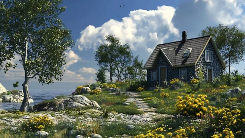 Sunlit stone cottage by the lake wrapped in wildflower calm.
