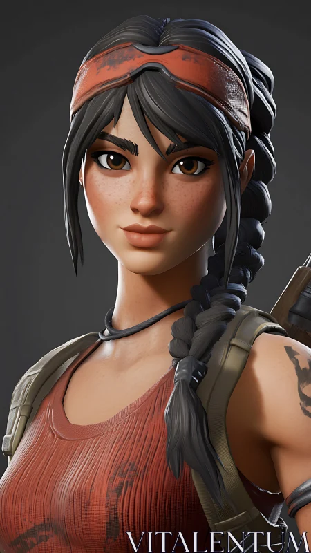 Stylized explorer portrait with braided hair and backpack.