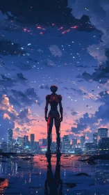 Lone cyber guardian studies star-scarred dusk above city