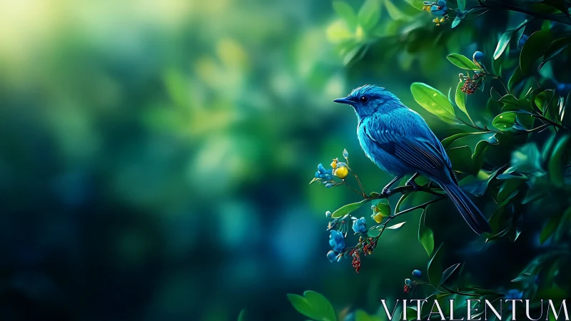 Vibrant Blue Bird on Lush Green Branch, Digital Art Style.