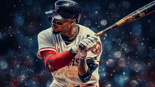 Focused baseball hitter ready to swing under bright lights.