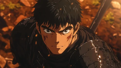 Battle-worn anime warrior under warm cinematic backlight.