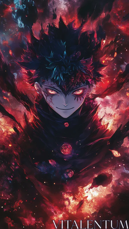 Infernal-eyed sorcerer rising through a storm of living embers.