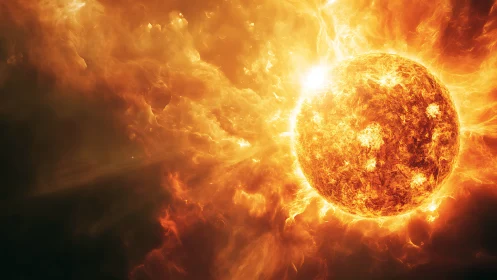 Stellar firestorm sphere with erupting coronal plasma field.