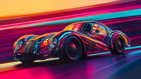 Neon-gradient retro sports coupe in kinetic digital painting.