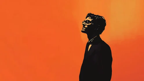 Silhouetted male figure in profile against orange field.