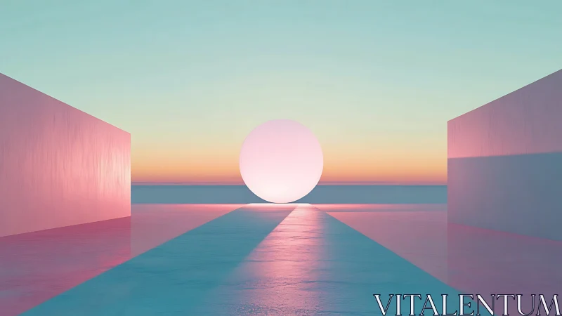 Glowing sphere anchors a pastel minimalist sunset corridor.