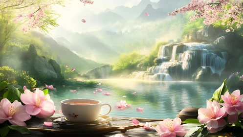 Tea cup on wooden ledge beside lake, waterfall and blossoms