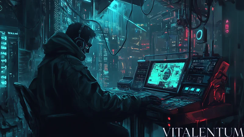 Neon-drenched cyber hacker at glowing city control console.