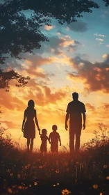 Silhouetted family walking in field under orange sunset sky.