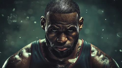 Intense basketball athlete portrait under dramatic arena lights