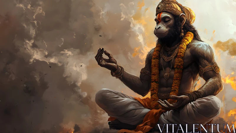 Meditating simian deity in saffron garlands amid smoky aura