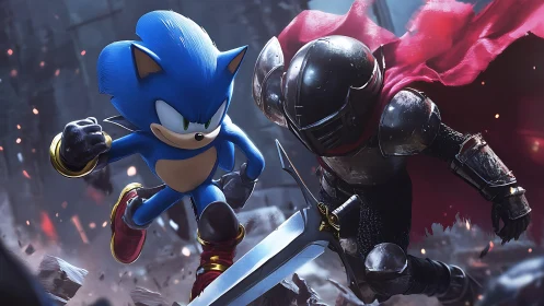 Blue speed hero and armored knight clash in dramatic duel.