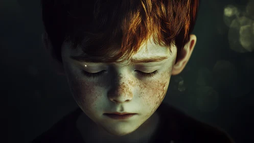 Freckled child in quiet reflection under soft green light.