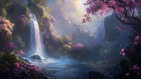 Enchanted waterfall and cherry blossom valley at dusk.