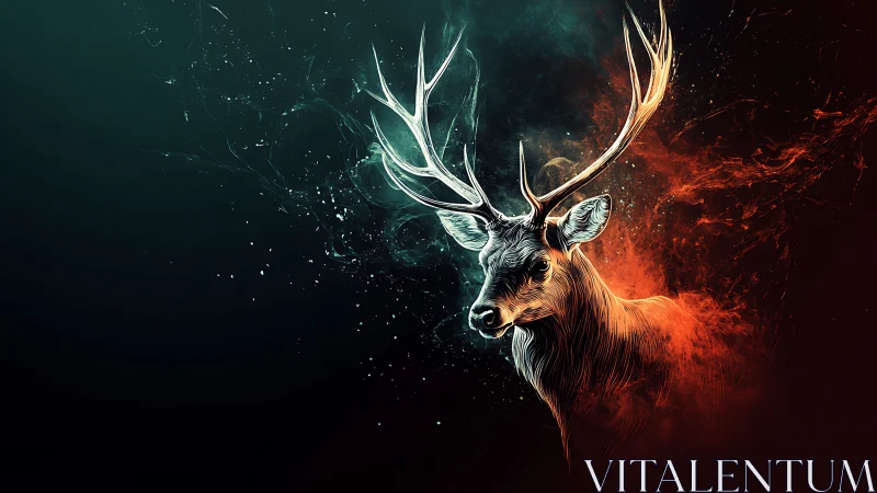 Stag head emerges from dual-colored abstract energy field