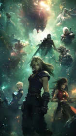 Stormlit fantasy warriors beneath astral beast onslaught.